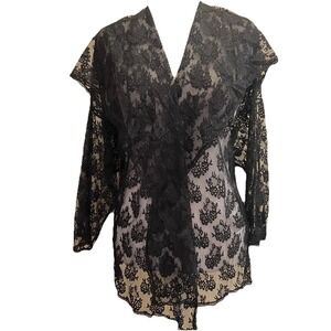 Black Lace Sheer Duster Cardigan XL Vtg Collar Witchy Whimsigoth Fairy Romantic